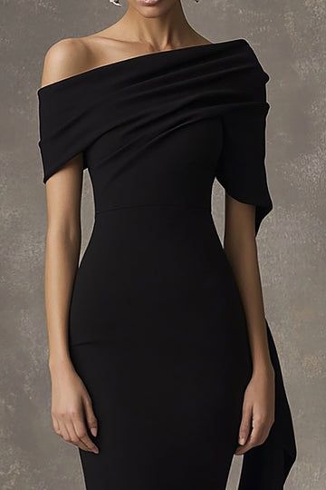 One Shoulder Sheath Tea Length Black Tie Dress with Sash
